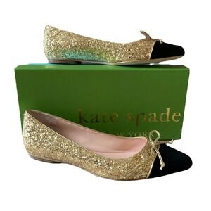 Kate Spade New York Nella Flats Size 9 Gold Glitter Black Toe w/ Box